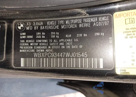 2007 BMW X3 3.0Si из США, поврежденный, VIN WBXPC93447WJ01545